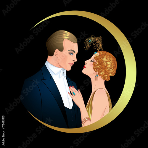 Beautiful couple in art deco style. Retro fashion: glamour man and woman of twenties. Vector illustration. Flapper 20's style. Vintage wedding invitation design template.