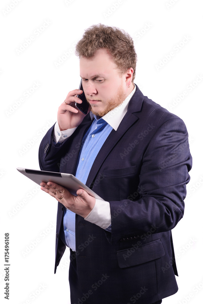 Portrait of businessman while talking on mobile phone. isolated on White background Portrait of businessman while talking on mobile phone. isolated on White background