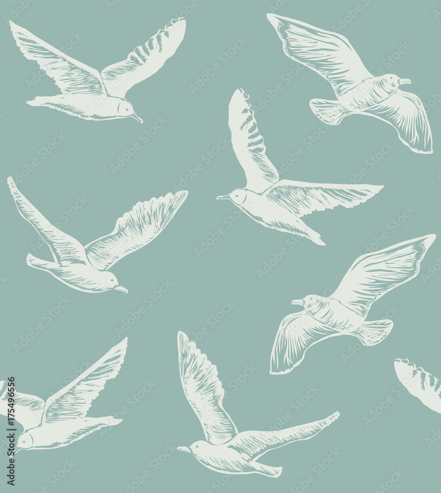 Naklejka premium Seamless Pattern with Seagulls. Graphic Hand Drawn Background for Banners Web pages Scrap booking Paper Wallpaper. Vector Illustration with Flying Birds