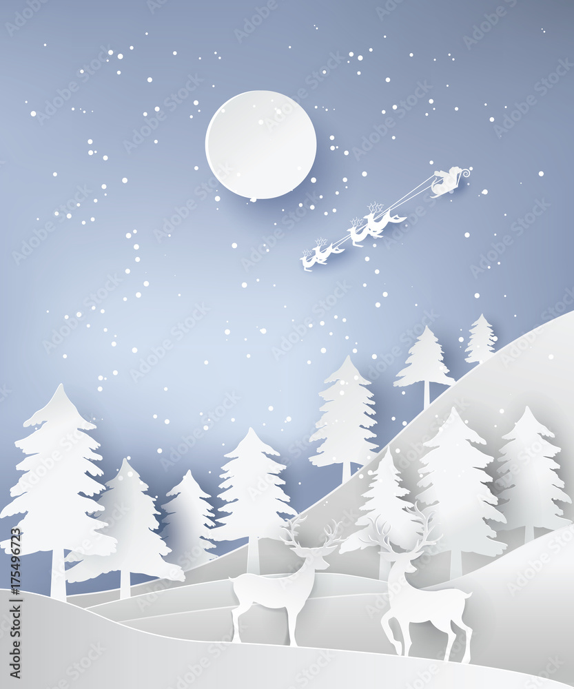 paper art landscape of Christmas and happy new year with tree and reindeer design. vector illustration