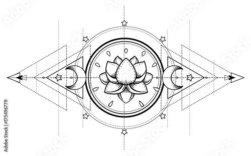 Lotus and Sacred Geometry. Ayurveda symbol of harmony and balance, and universe. Tattoo flesh design, yoga logo. Boho print, poster, t-shirt textile. Isolated vector illustration.