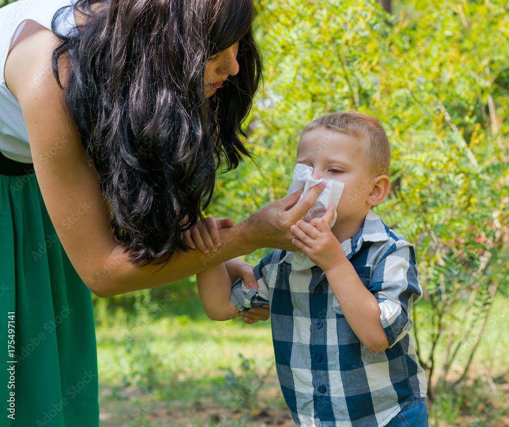 Mom wipes his son's nose with a napkin Mom wipes his son's nose with a napkin