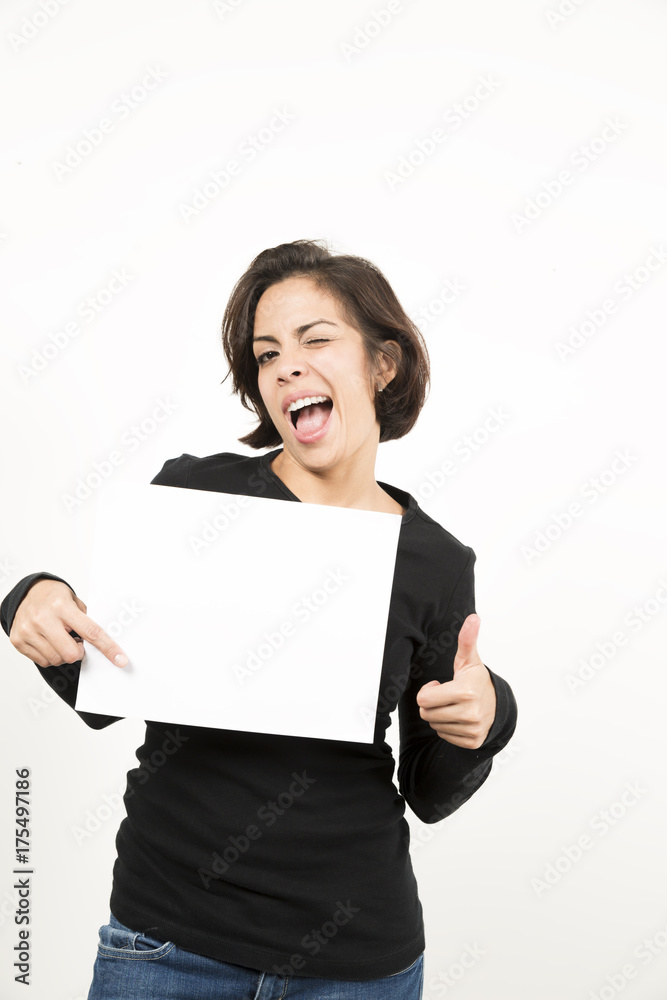 Beautiful young woman holding a blank sheet of paper Beautiful young woman holding a blank sheet of paper