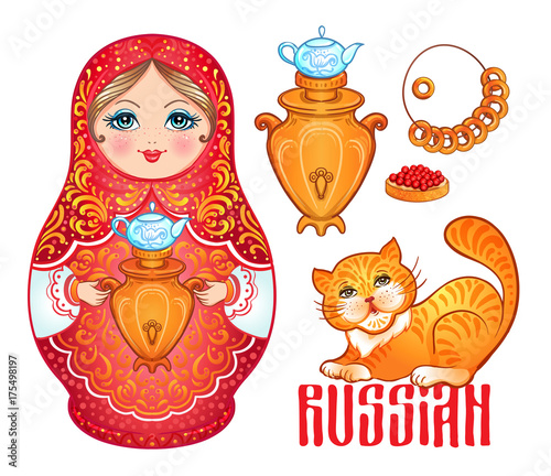 Retro Souvenir from Russia: babushka (matryoshka), red cat, samovar, bublik (bread roll). Traditional Russian wooden nesting doll. Folk arts and crafts. Vector illustration.