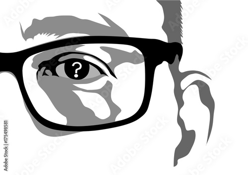 Human eye with glasses and the question mark