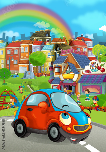 Cartoon every day car smiling and driving through the city - illustration for children © honeyflavour