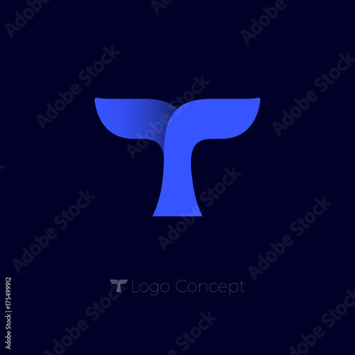 T monogram. T letter origami emblem. Whale tail logo. Blue whale tail on a dark background.