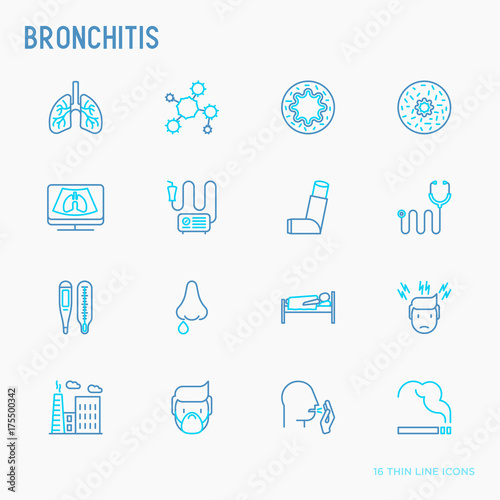 Bronchitis thin line icons set of symptoms and treatments: headache, alveolus, inhaler, nebulizer, stethoscope, thermometer, x-ray, bed rest. Vector illustration.