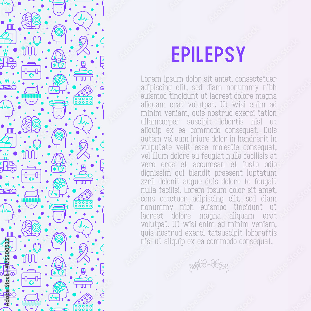 Epilepsy concept with thin line icons of symptoms and treatments: convulsion, disorder, dizziness, brain scan. World epilepsy day. Vector illustration for banner, web page, print media.