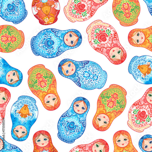 Babushka (matryoshka) seamless pattern. Traditional Russian wooden nesting doll with painted flowers. Folk arts and crafts. Vector illustration in cartoon style. Souvenir from Russia