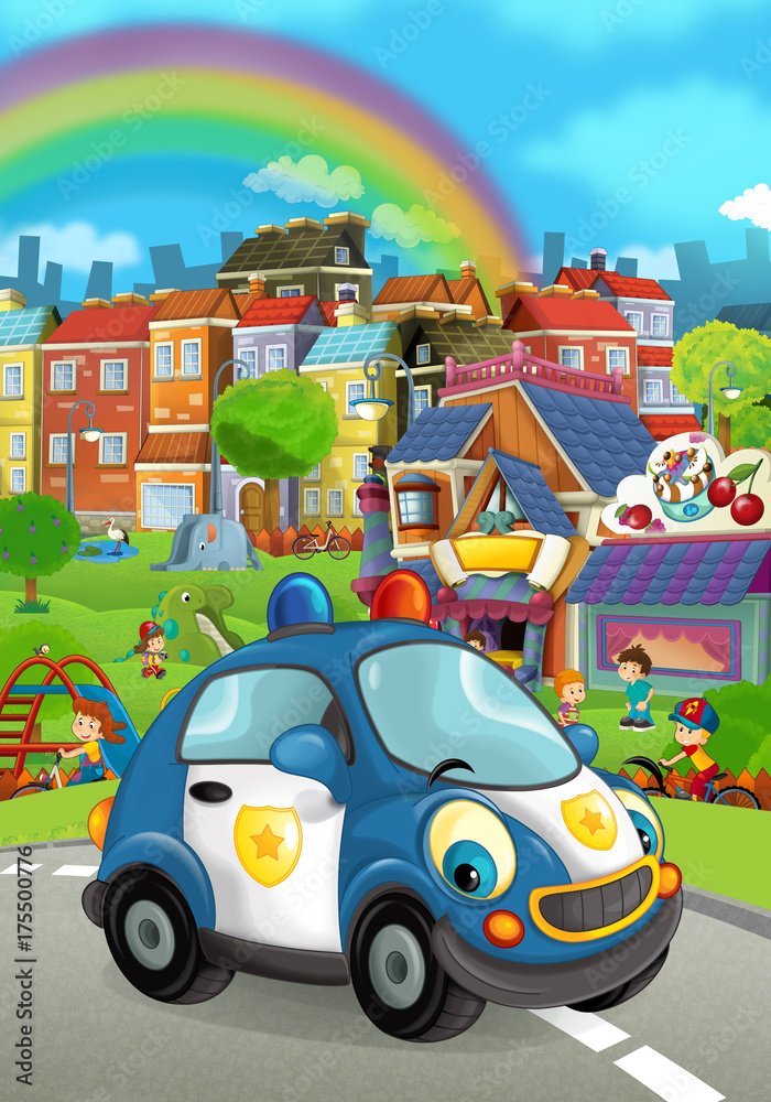 Cartoon police car smiling and driving through the city - illustration for children