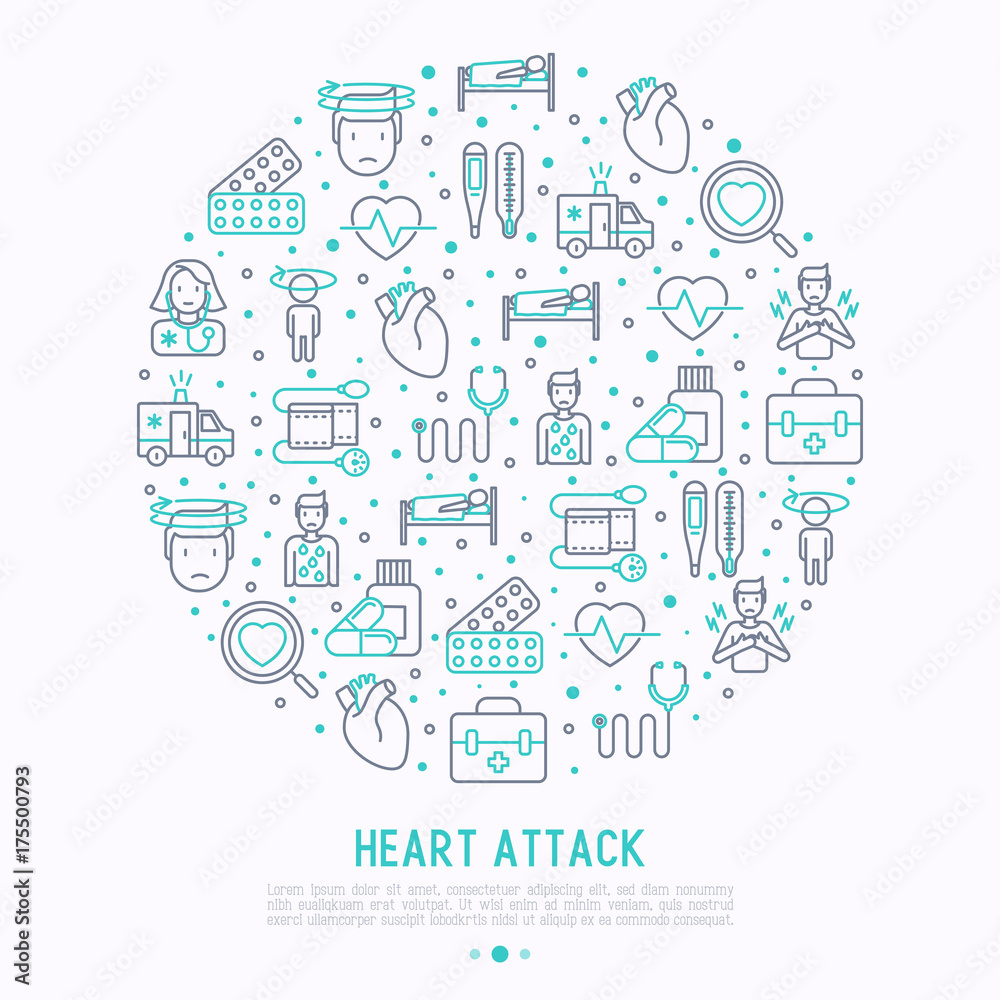 Heart attack concept in circle with thin line icons of symptoms and treatments. Modern vector illustration for medical report or survey, banner, web page, print media.