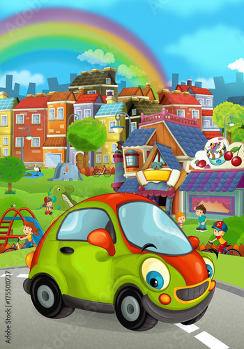 cartoon funny and happy looking car on the street - illustration for children © honeyflavour