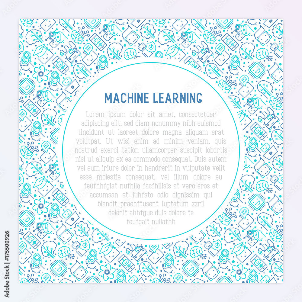 Machine learning and artificial intelligence concept with thin line icons. Vector illustration for banner, web page, print media. Machine learning and artificial intelligence concept with thin line icons. Vector illustration for banner, web page, print media.