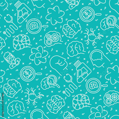Neurology seamless pattern with thin line icons: brain, neuron, neural connections, neurologist, magnifier. Vector illustration for background of medical survey or report.