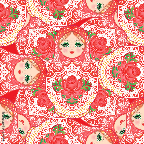 Babushka (matryoshka) seamless pattern. Traditional Russian wooden nesting doll with painted flowers. Folk arts and crafts. Vector illustration in cartoon style. Souvenir from Russia