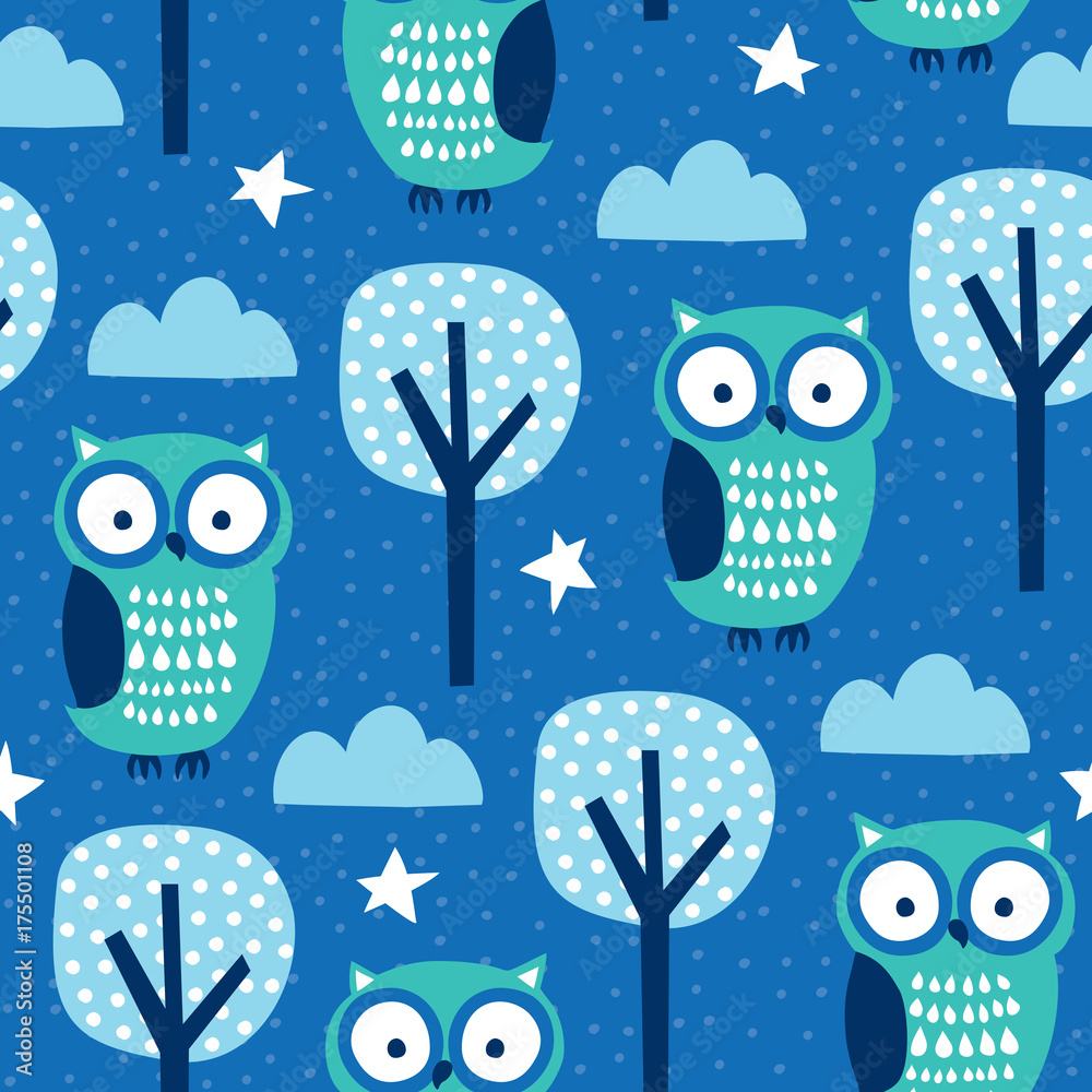 Obraz premium seamless owls in the forest pattern vector illustration