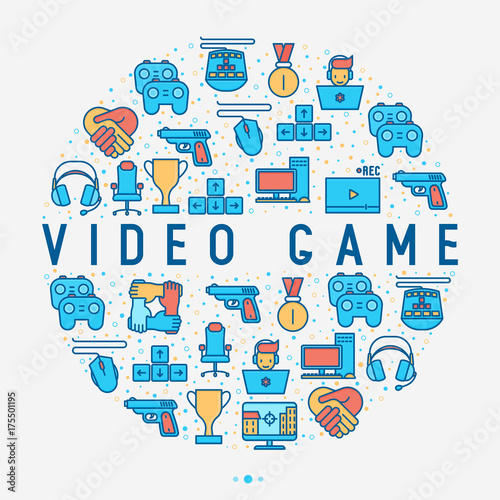 Video game concept with thin line icons: gamer, computer games, pc, headset, mouse, game controller. Modern vector illustration for banner, web page, print media.