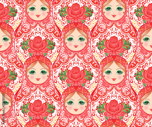Babushka (matryoshka) seamless pattern. Traditional Russian wooden nesting doll with painted flowers. Folk arts and crafts. Vector illustration in cartoon style. Souvenir from Russia