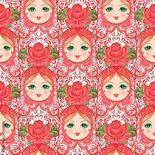 Babushka (matryoshka) seamless pattern. Traditional Russian wooden nesting doll with painted flowers. Folk arts and crafts. Vector illustration in cartoon style. Souvenir from Russia