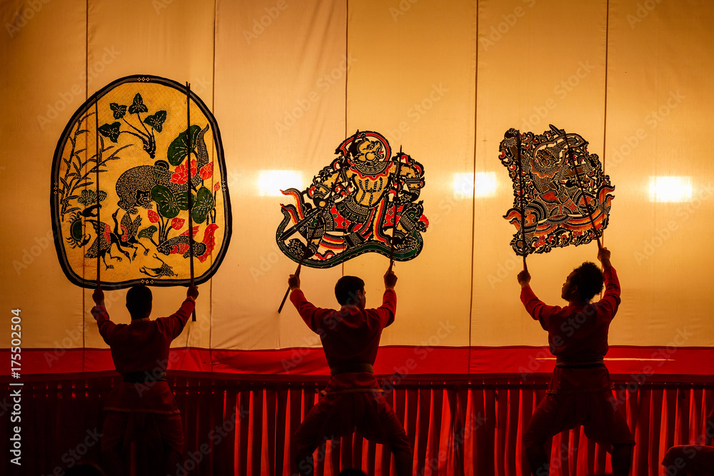 Fototapeta premium Large shadow play found in Thailand, Nang Yai (shadow figures) Wat Khanon Temple at Ratchaburi Province, Thailand