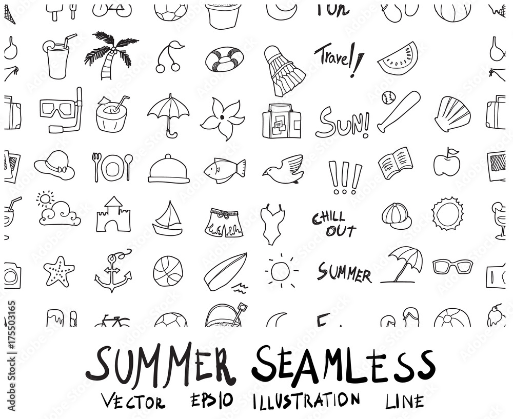 Doodle sketch summer icons seamless pattern background Illustration eps10