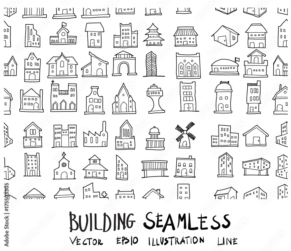 Doodle sketch type of building icons seamless pattern background vector Illustration eps10