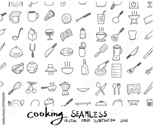 Doodle sketch cooking icons background seamless pattern Illustration vector eps10
