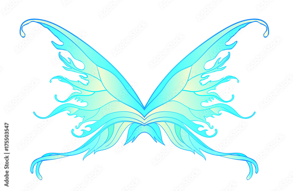 Pair of magical fairy wings. Hand-drawn vector illustration isolated. Trendy magic print, alchemy, mystery, divine goddess. Rainbow colors. Halloween costume. Sticker, pin. Pair of magical fairy wings. Hand-drawn vector illustration isolated. Trendy magic print, alchemy, mystery, divine goddess. Rainbow colors. Halloween costume. Sticker, pin.