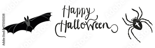 Happy Halloween - Süßes oder Saures, Kalligrafischer Schriftzug mit Gespenstern und großer Spinne, Grusel, Horror, Feiertag 