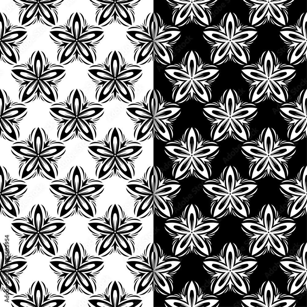 Black and white floral seamless patterns. Set of backgrounds Black and white floral seamless patterns. Set of backgrounds