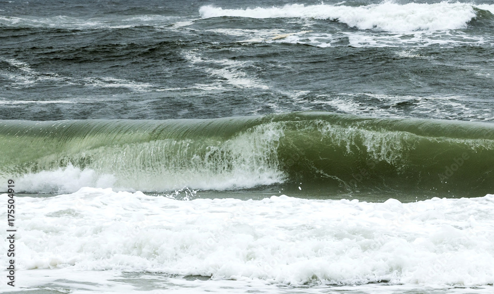 Wave curling by the shore with a rough ocean