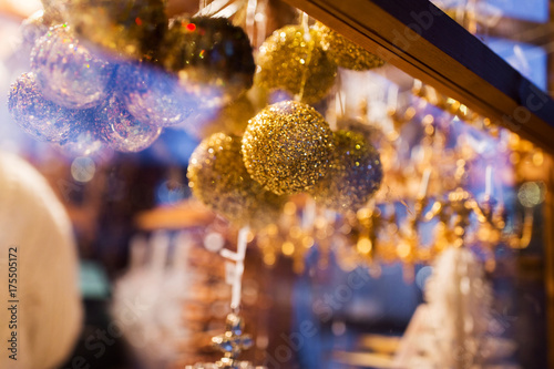 close up of christmas decorations at shop window