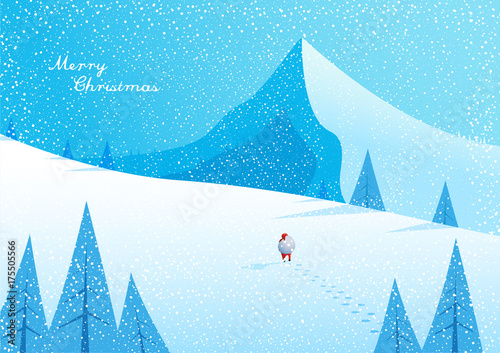 Winter mountain landscape scenery, walking Santa Claus with his bag full of presents in deep snow with pine trees surrounded and blue sky.