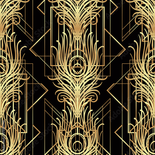 Art deco style geometric seamless pattern in black and gold. Vector illustration. Roaring 1920's design. Jazz era inspired . 20's. Vintage Fabric, textile, wrapping paper, wallpaper.