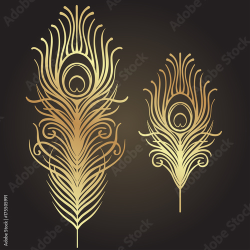 Set of two isolated feathers. Retro hand drawn vector illustration. Art deco style. Vector. Roaring 1920's design. Jazz era inspired . 20's. Vintage Temporary tattoo design