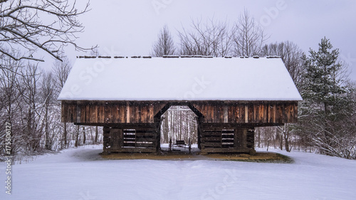 A historic barn in the snow at Smoky Mtn Nat'l Park's Cades Cove