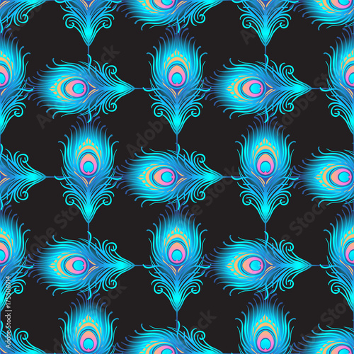 Peacock pale pink seamless vector pattern. Peafowl abstract feathers tiled print for textile or wrap paper. Hand drawn vintage
