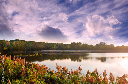 Autumn landscape of a Chesapeake Bay lake during sunset