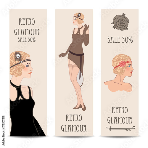Retro fashion. Costume party or mafia game discount banner template. Flapper girl. Vintage background set (1920's style). Vector illustration for party, wedding.