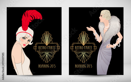 Art Deco vintage invitation template design with illustration of flapper girl. patterns and frames. Retro party background set (1920's style). Vector for event, wedding or jazz party.