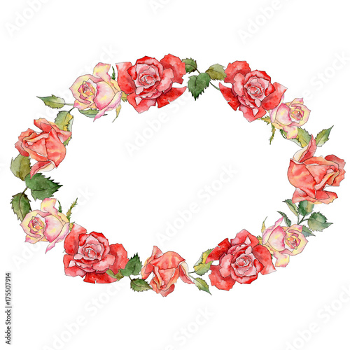 Wildflower rose flower wreath in a watercolor style. Full name of the plant: rose. Aquarelle wild flower for background, texture, wrapper pattern, frame or border.