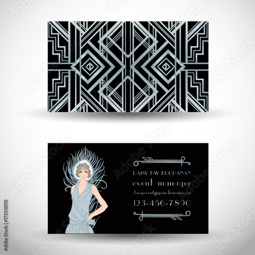 Retro fashion. Costume party or mafia game discount banner template. Flapper girl. Vintage background set (1920's style). Vector illustration for party, wedding.