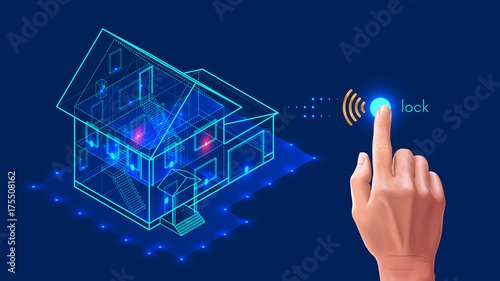 Security system of smart home. 3d house plan x-ray. Control locks the doors and windows over the internet with smartphone application. Home protection wireless system. VECTOR