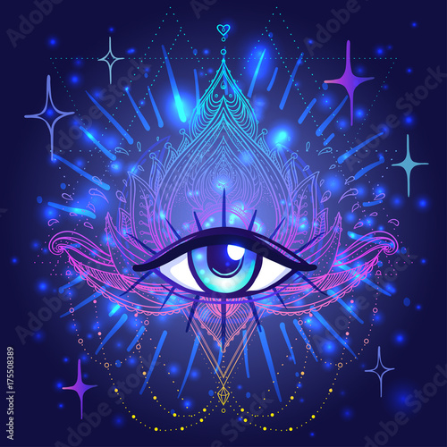 All seeing eye in lotus vector ornamental Lotus flower, ethnic art, patterned Indian paisley. Hand drawn illustration. Invitation element.