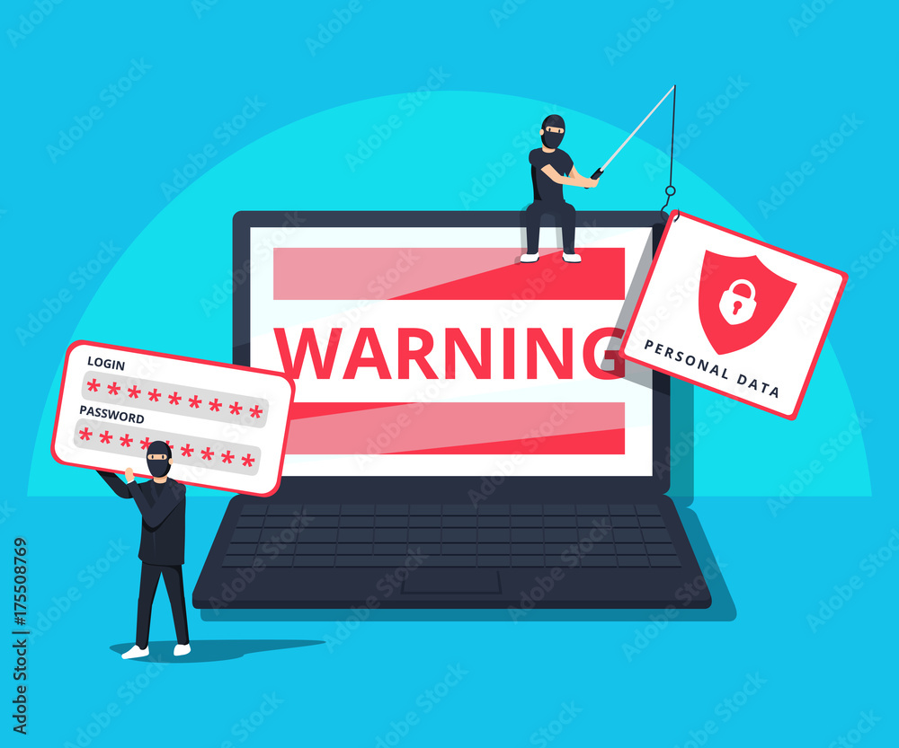 Hacking phishing attack. Flat vector illustration of young hacker sitting on the laptop to hack protection system.