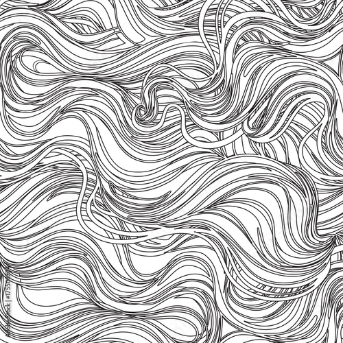 Black and white lines abstract hand-drawn pattern with waves and clouds. Vect...