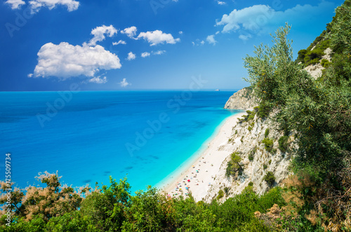 Egremni beach, Lefkada island, Greece. Large and long beach with turquoise water on the island of Lefkada in Greece