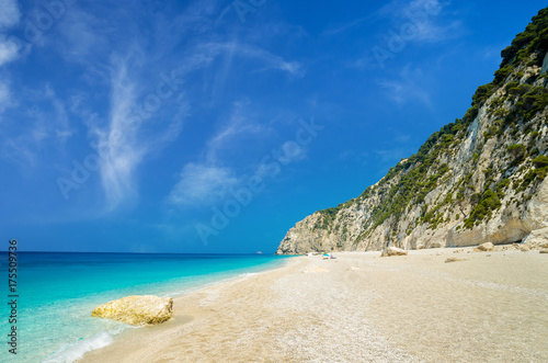 Fototapeta Naklejka Na Ścianę i Meble -  Egremni beach, Lefkada island, Greece. Large and long beach with turquoise water on the island of Lefkada in Greece
