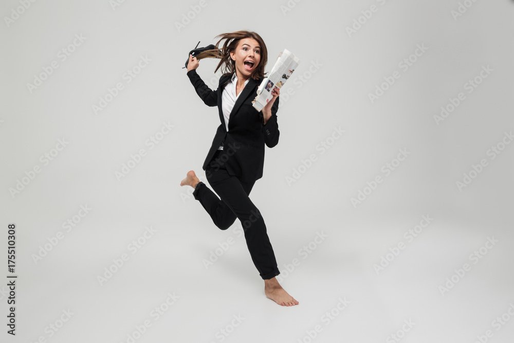 Full length portrait of cheery crazy businesswoman Full length portrait of cheery crazy businesswoman
